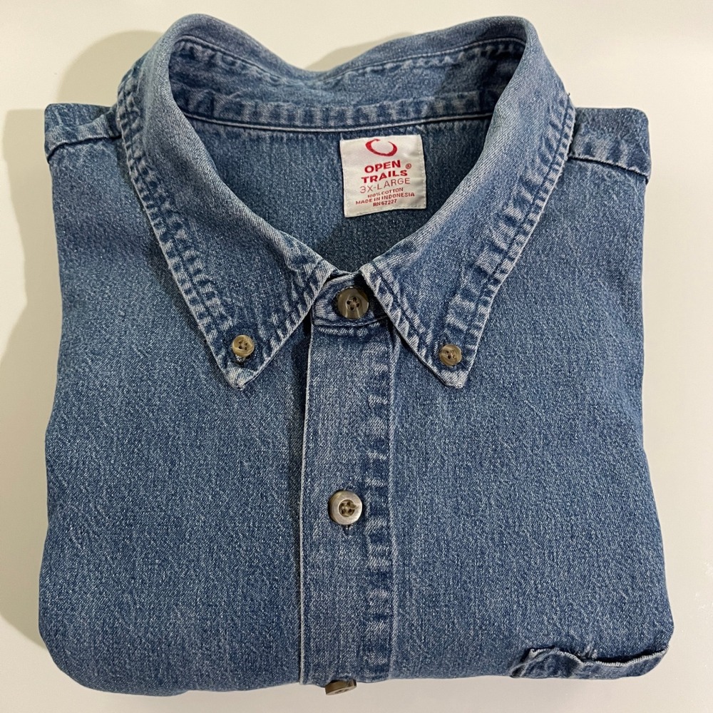 Open Trails Denim Shirt Mens 3XL Blue Long Sleeve Button Down Workwear Casual